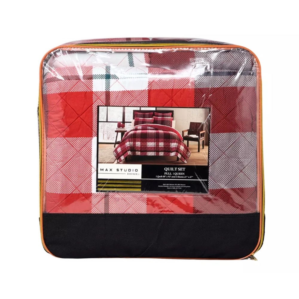MAX STUDIO FULL / QUEEN  3 PC Red White Green Plaid Quilt & 2 Std. Shams Set NEW